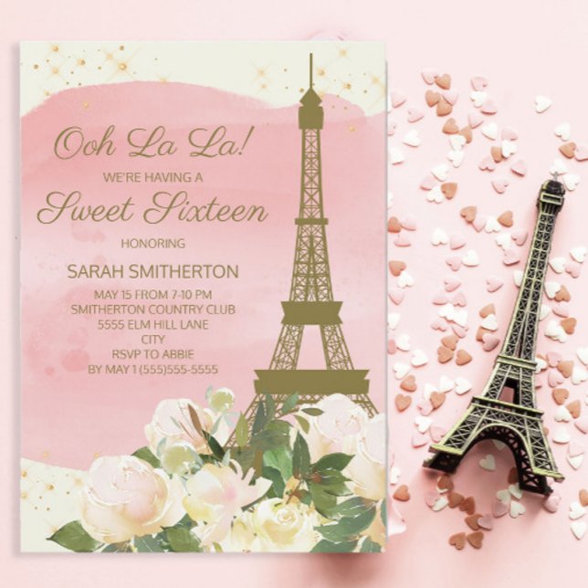 Invitación Elegante Torre Eiffel de Oro Rosa Paris Sweet 16 (Ooh La La! Paris/Eiffel Tower Sweet 16 invitation)