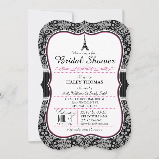 Invitación Elegante Torre Eiffel Ducha Bridal; Damasco Negro (Anverso)