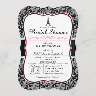 Invitación Elegante Torre Eiffel Ducha Bridal; Damasco Negro