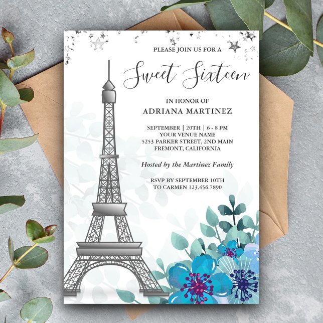 Invitación Elegante Torre Eiffel Floral Azul Cumpleaños Dieci (Subido por el creador)