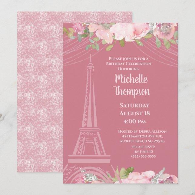 Invitación Elegante Torre Eiffel Rosa Cumpleaños de París (Anverso / Reverso)