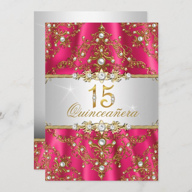 Invitación Elegante Torta de Perla de Oro Damask Quinceanera  (Anverso / Reverso)