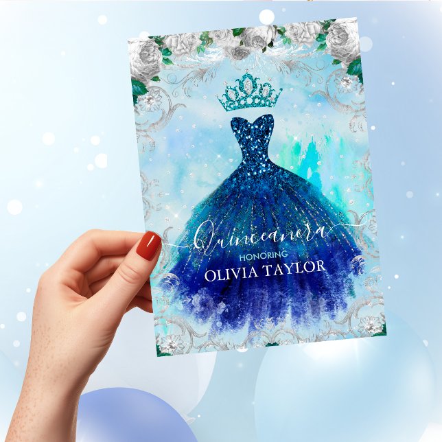 Invitación Elegante traje de purpurina azul acuático floral Q (Subido por el creador)