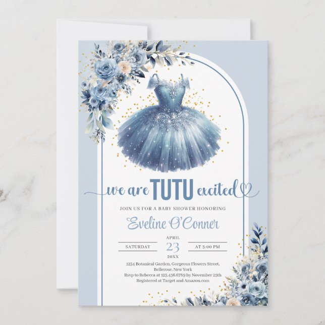 Invitación Elegante traje de tutu azul marino floral Baby Sho (Anverso)