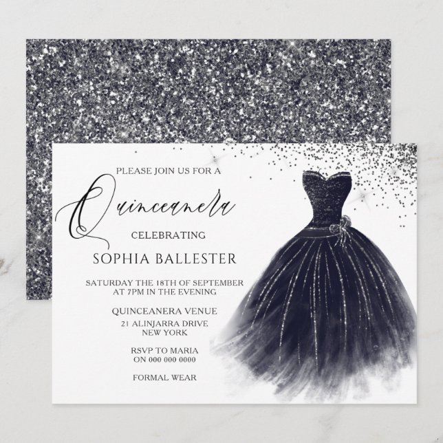 Invitación Elegante traje Purpurina negro vintage Quinceanera (Anverso / Reverso)