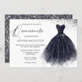 Invitación Elegante traje Purpurina negro vintage Quinceanera