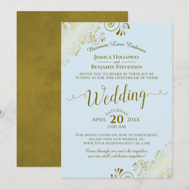 Invitación Elegante transmisión en directo de Boda azul y oro (Anverso / Reverso)