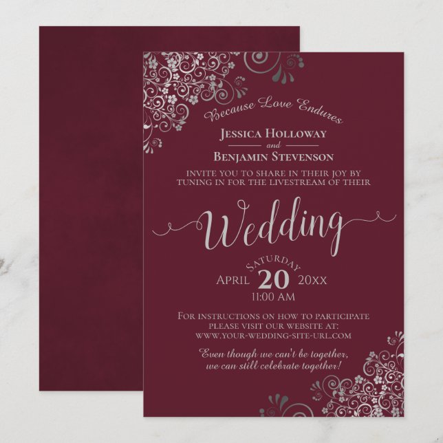 Invitación Elegante transmisión en directo de Boda borgoñona  (Anverso / Reverso)