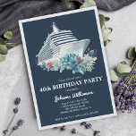 Invitación Elegante travesía de cruceros mujeres 40 Fiesta de<br><div class="desc">Elegante invitación de viaje en barco fiesta por 40 años para mujeres. Personalízalo con su nombre y los detalles del fiesta incluyendo la fecha, línea de crucero, puerto de salida, información de RSVP y cualquier otra información necesaria. Diseño con un barco acuarela y hermosas flores sobre un fondo azul marino...</div>