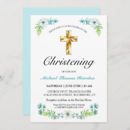 Invitación Elegante travesía de oro del niño floral azul