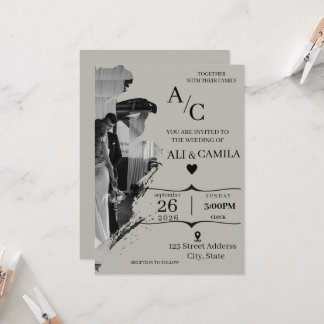 Invitación Elegante Trazo de Pincel Abstracto Gris Foto Boda