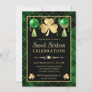 Invitación Elegante trébol de dieciséis verde y dorado