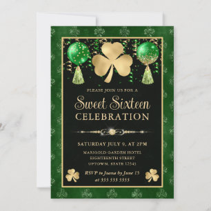Invitación Elegante trébol de oro y verde Sweet Sixteen