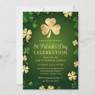 Invitación Elegante trébol de San Patricio verde y dorado