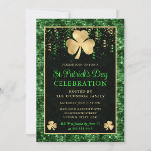 Invitación Elegante trébol de San Patricio verde y dorado