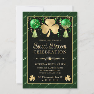 Invitación Elegante trébol verde y dorado Sweet Sixteen