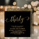 Invitación Elegante Treinta Guión de Oro Negro 30 cumpleaños<br><div class="desc">Elegante Moda Negro y Oro Treinta Script 30 Invitación de cumpleaños. Esta plantilla moderna para invitaciones a fiestas de cumpleaños incluye un elegante texto de "treinta" en un enorme guión falso de caligrafía (o tipografía) en Relieve metalizado dorado y rápido escrito a mano con cruces, detalles fiestas en color oro...</div>