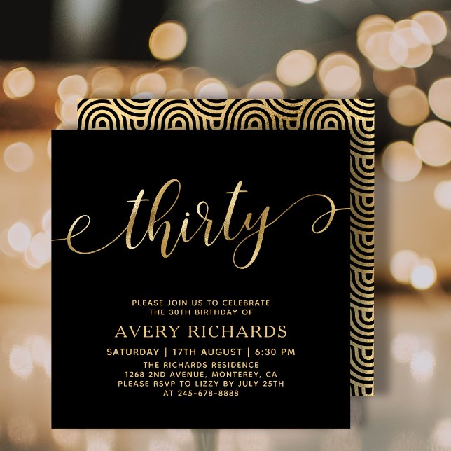 Invitación Elegante Treinta Guión de Oro Negro 30 cumpleaños (Subido por el creador)