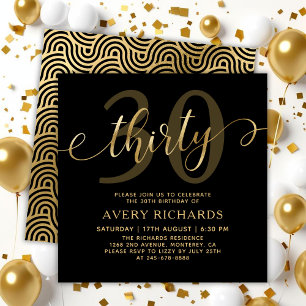 Invitación Elegante Treinta Guión de Oro Negro 30 cumpleaños
