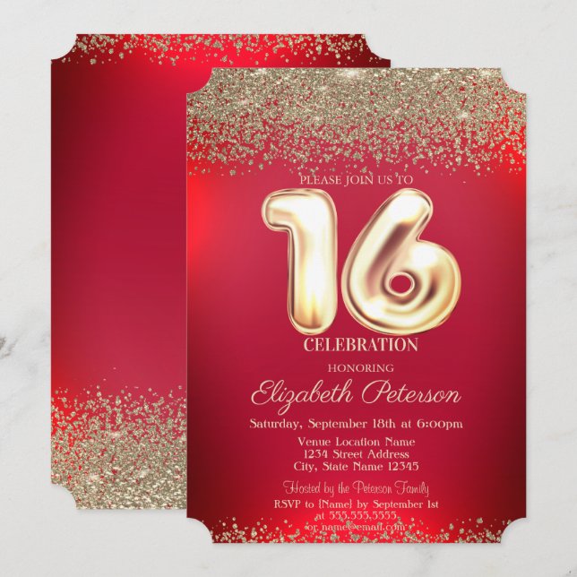 Invitación Elegante trendy Red Gold Confetti Diamond Sweet 16 (Anverso / Reverso)