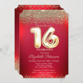 Invitación Elegante trendy Red Gold Confetti Diamond Sweet 16