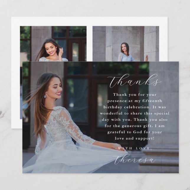 Invitación Elegante Tres Foto Quinceanera Gracias (Anverso / Reverso)
