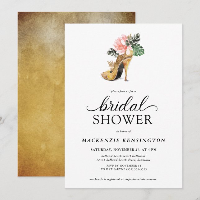 Invitación Elegante Tropical Floral Heels Bridal Shower (Anverso / Reverso)