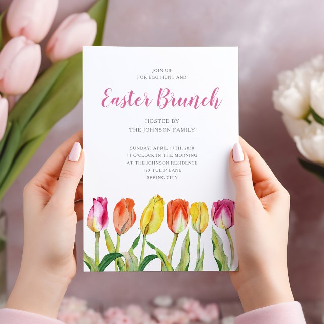 Invitación Elegante Tulipán Floral Desayuno Pascual (Modern Purple Botanical Wreath Easter Brunch Invitation)