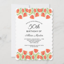 Invitación Elegante Tulipán Rojo Botánico 50 cumpleaños