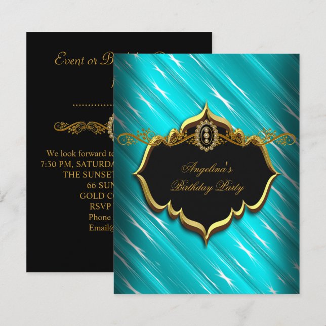 Invitación Elegante Turquesa Cumpleaños Fiesta Negro Dorado A (Anverso / Reverso)