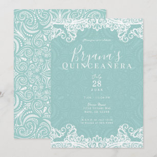Invitación Elegante Turquesa & Encaje para Quinceañera de 15 