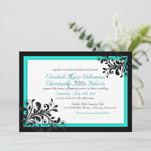 Invitación Elegante Turquesa|Invitación a la boda negra (Anverso de pie)