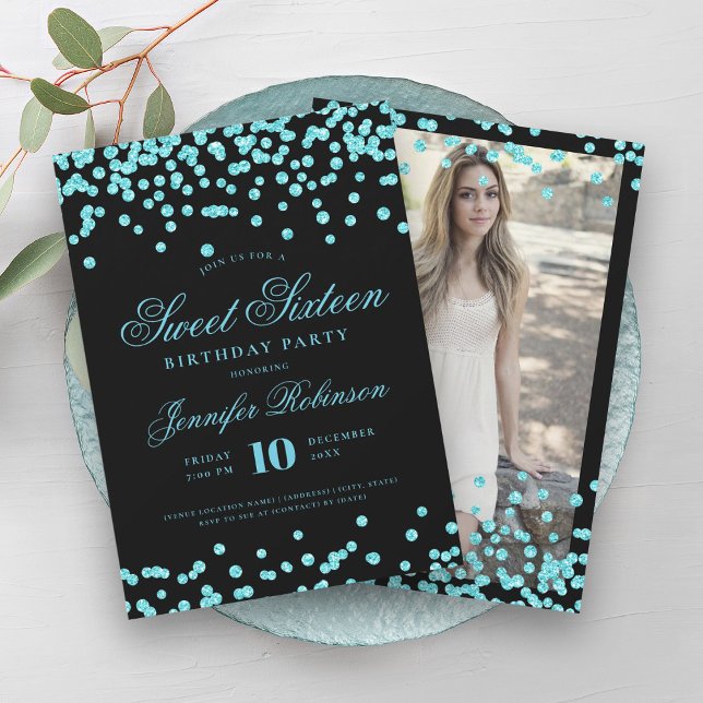 Invitación Elegante Turquesa Negro Confetti Foto Dulce 16 (Elegant Turquoise Black Confetti Photo Sweet 16 Invitation)