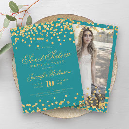Invitación Elegante Turquesa Oro Confetti Foto Dulce 16