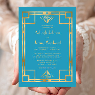 Invitación Elegante Turquesa Oro Vintage Boda Deco Años 20