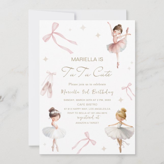 Invitación Elegante Tutú de cumpleaños número 3 de acuarela l (Anverso)