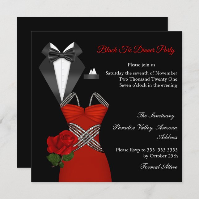 Invitación Elegante Tux Rojo Rosa Negro Vestido Fiesta de cen (Anverso / Reverso)