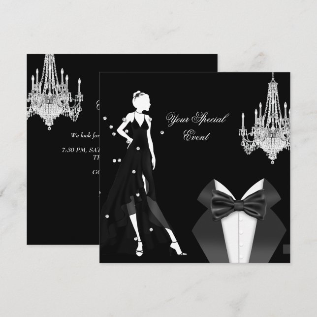 Invitación Elegante Tuxedo Gown Plata Fiesta Blanco Negro (Anverso / Reverso)
