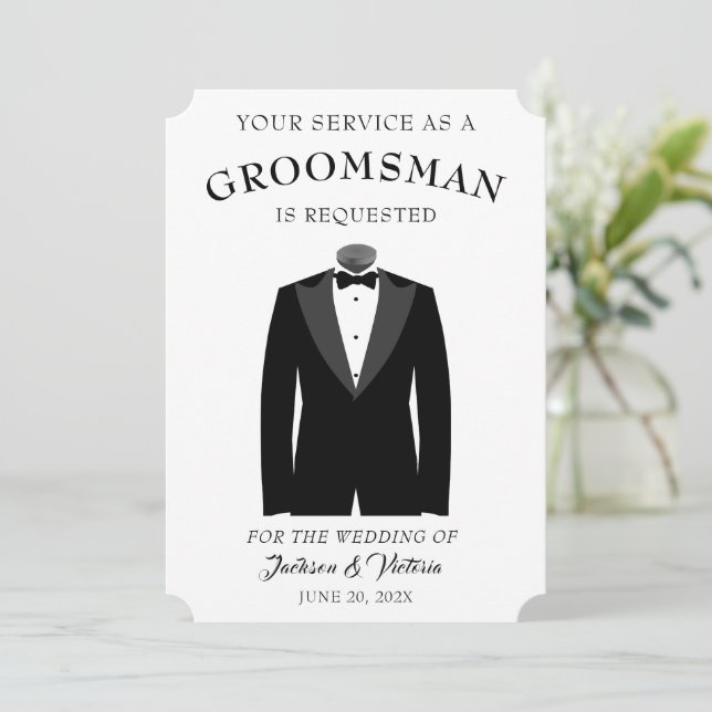 Invitación Elegante Tuxedo Groomsman (Anverso de pie)