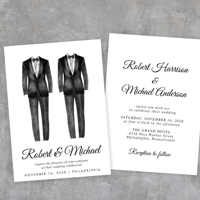 Invitación Elegante Tuxedo Negro acuarela Boda gay (Subido por el creador)