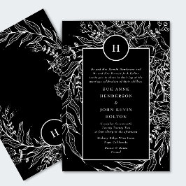 Invitación Elegante Tuxedo Negro Brillante Monograma Blanco