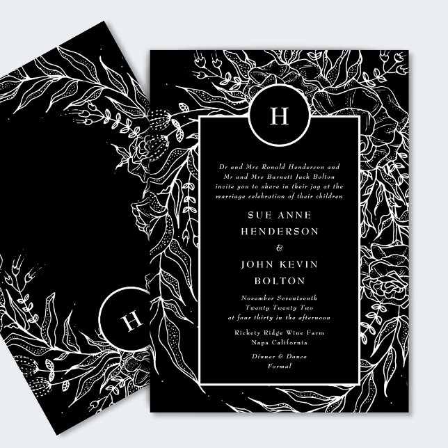 Invitación Elegante Tuxedo Negro Brillante Monograma Blanco (Subido por el creador)