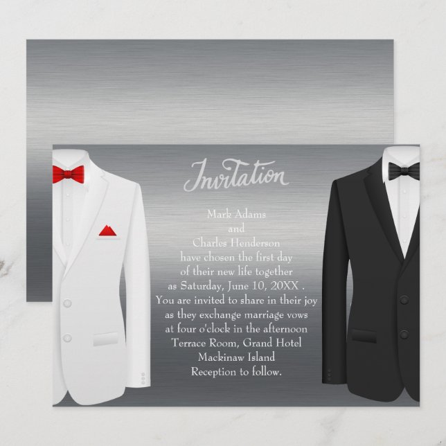 Invitación Elegante Tuxedos plateados de la boda gay (Anverso / Reverso)