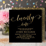 Invitación Elegante Twenty One Gold Script Black 21st Birthda<br><div class="desc">Elegante Moda Negro y Oro Veintiún Guión Invitación a los 21 cumpleaños. Esta plantilla moderna para invitaciones a fiestas de cumpleaños incluye un elegante texto de "veintiún" en un enorme guión de caligrafía (o tipografía) falso Relieve metalizado dorado y escrito a mano rápidamente con cruces, detalles fiestas en color oro...</div>