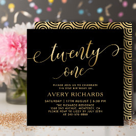 Invitación Elegante Twenty One Gold Script Black 21st Birthda