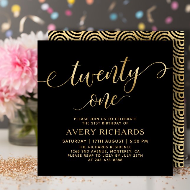 Invitación Elegante Twenty One Gold Script Black 21st Birthda (Subido por el creador)
