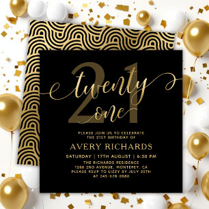 Invitación Elegante Twenty One Guión Dorado Cumpleaños 21 Neg