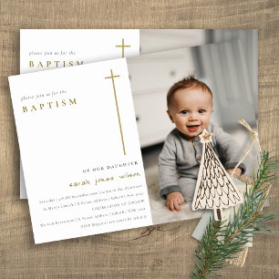 Invitación Elegante Typografía Mínima De Oro Foto Bautismo