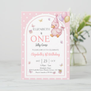 Invitación Elegante Un Ganso Tonto Lazo Rosa Niña 1er Cumplea
