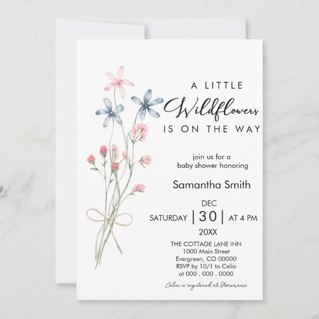 Invitación Elegante Un Pequeño Chica De Flores Silvestres Bab (Anverso)